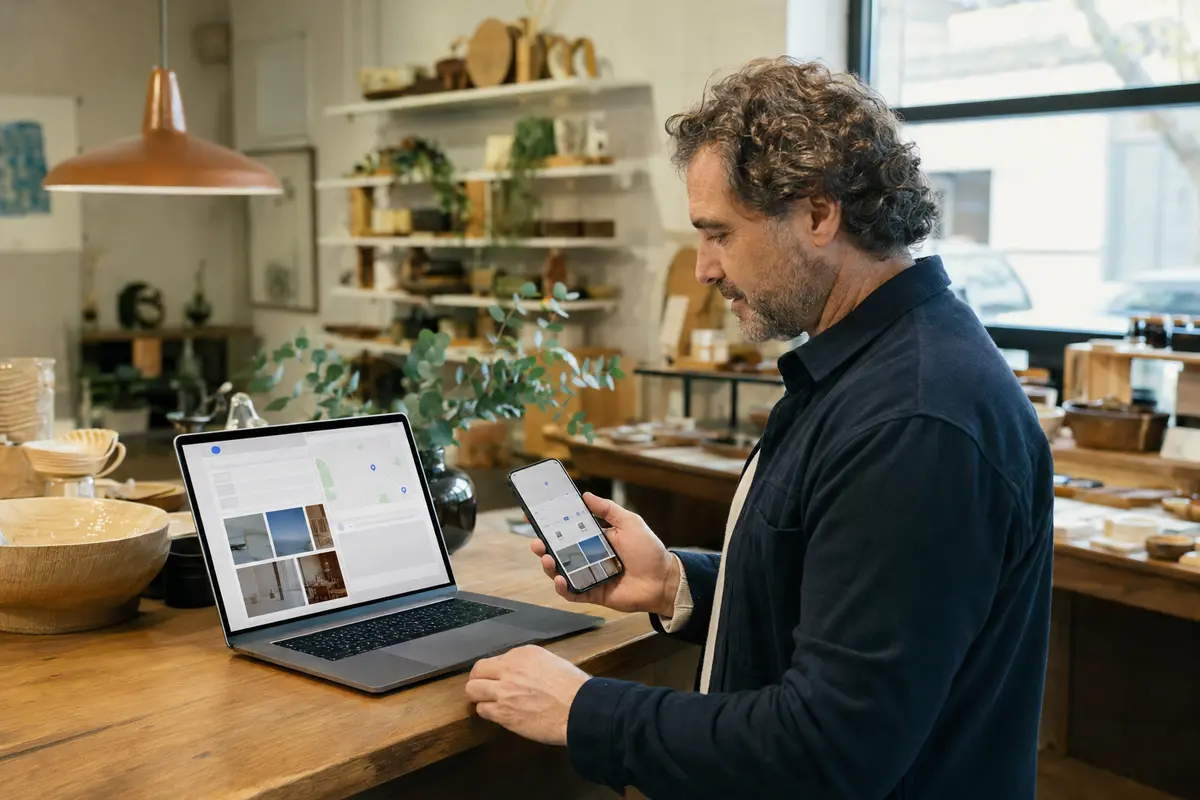 Propietario administrando la Ficha de Google de su negocio local