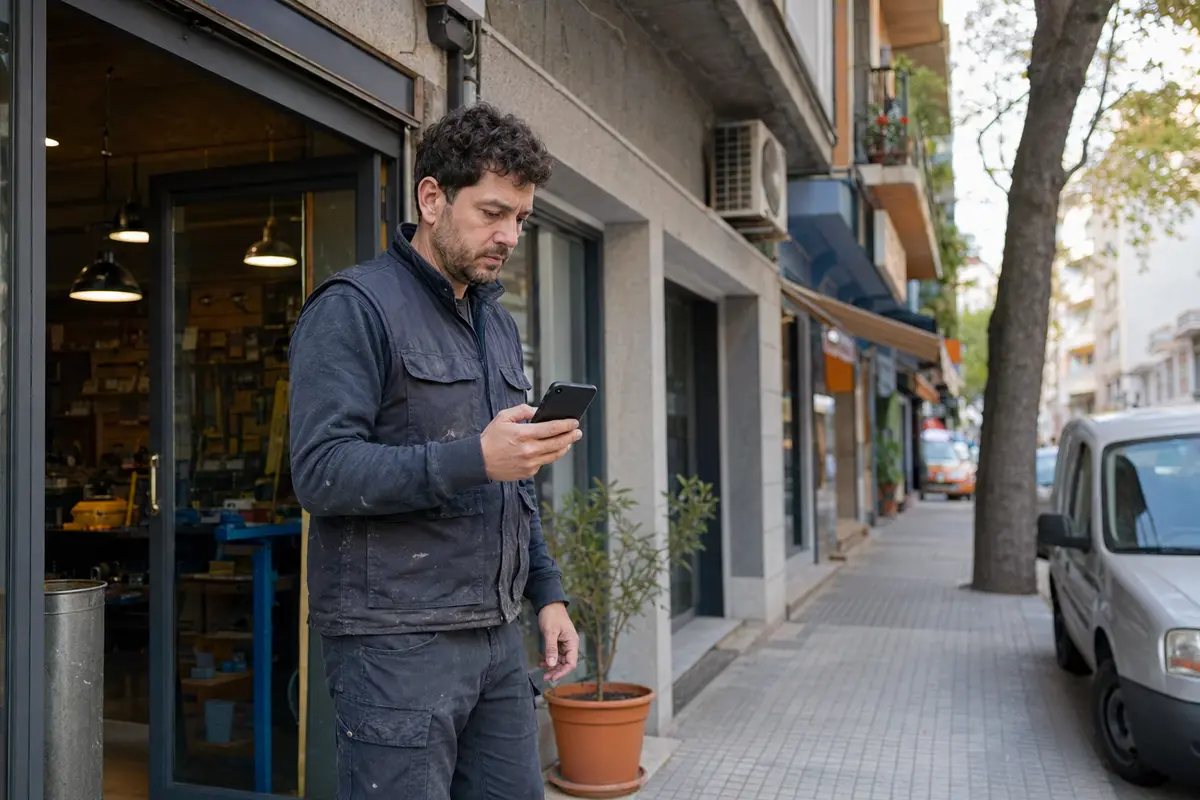Profesional de un negocio local revisando su presencia en móvil