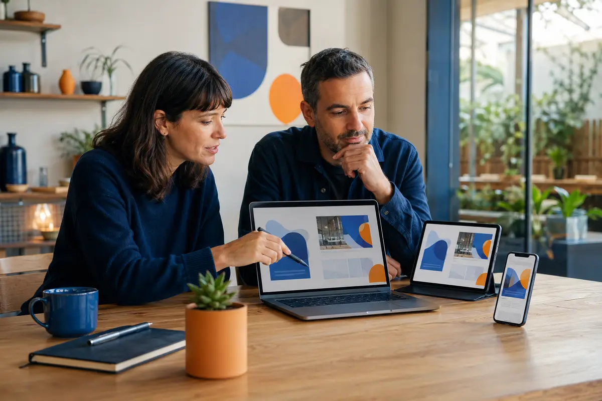 Propietaria y diseñador revisando una web en portátil, tableta y móvil